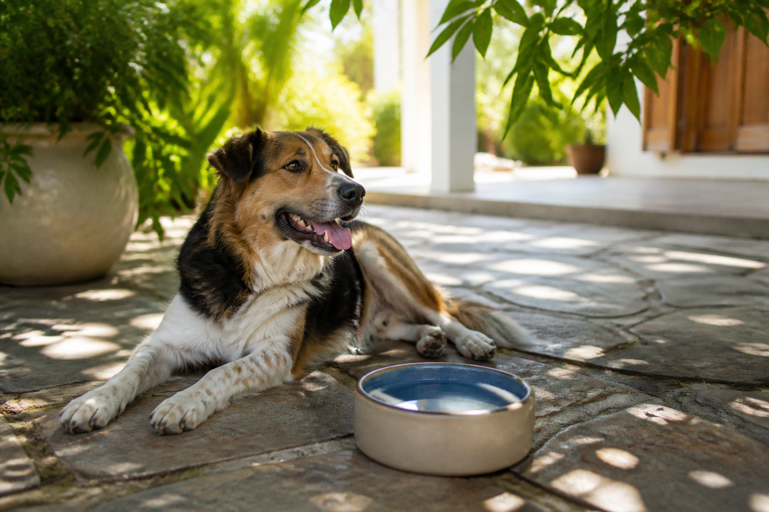 Perro descansando a la sombra junto a un cuenco de agua