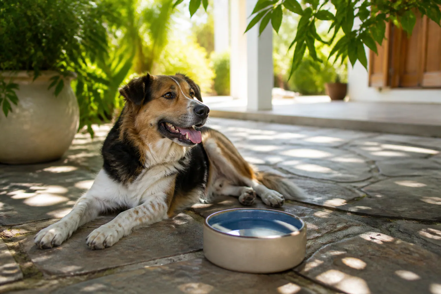 Cachorro descansando à sombra ao lado de uma tigela de água